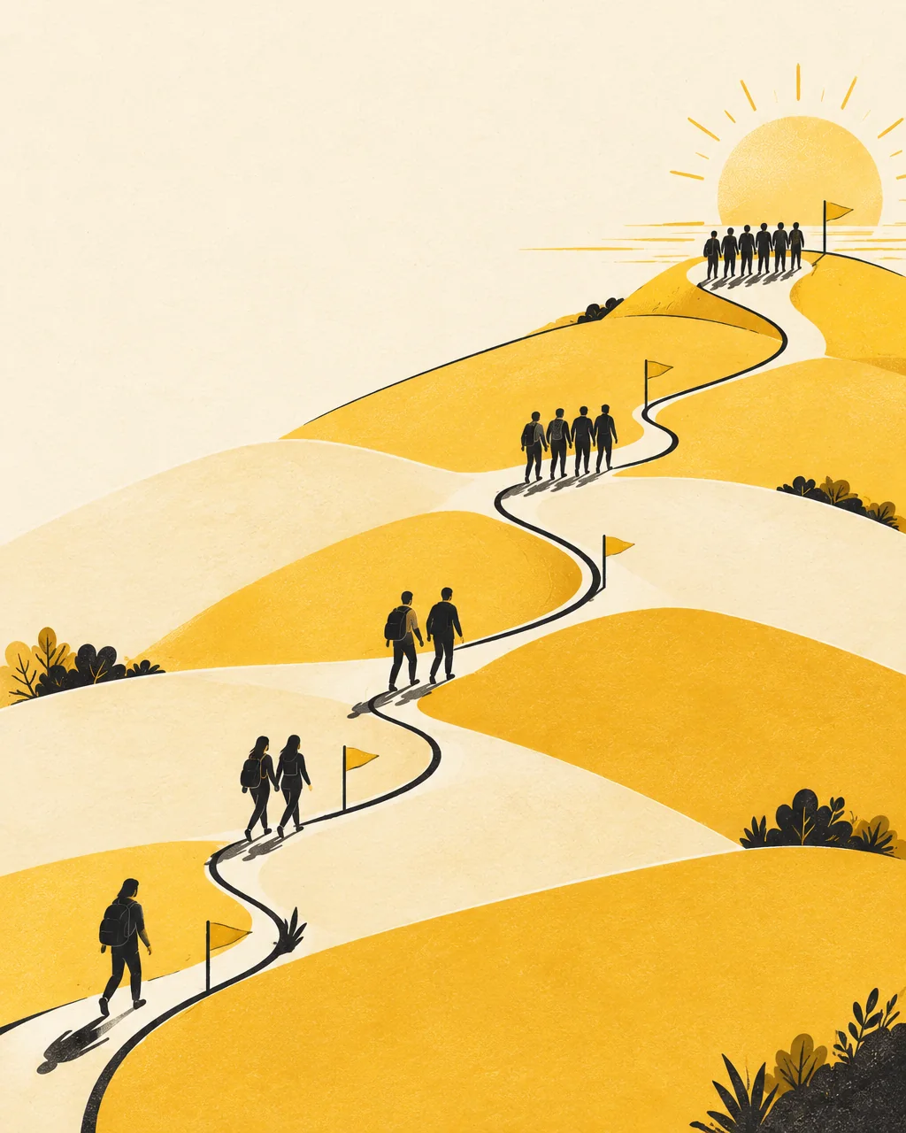 Illustration of people walking a winding path up to a sunlit summit, marked with flags along the way